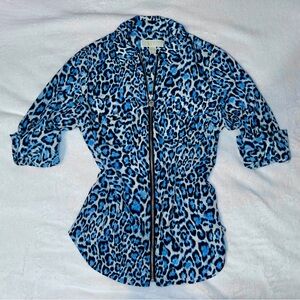 Michael Kors zip-up roll tab long sleeve blue leopard blouse Size S